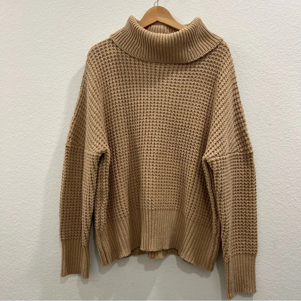 Mudpie Randi Waffle Knit Cowl Neck Sweater beige tan Size‎ Large